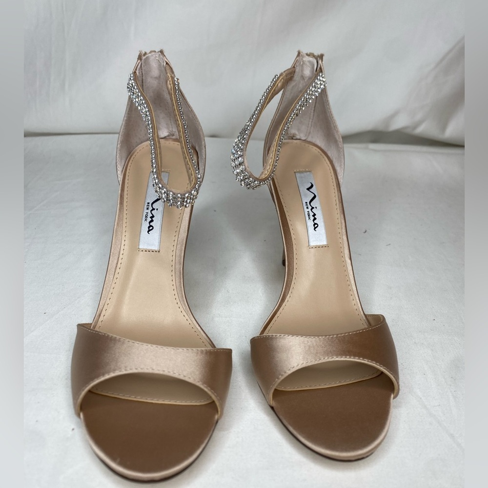 Women Nina Champagne Crystal Satin Ankle Strap High Heel Sandal 7.5M - Picture 5 of 9